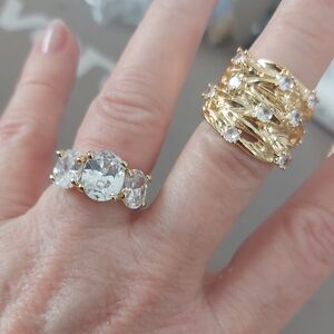 Lot Of 2 Goldtone CZ Rings Wide Band 3 Stone Size 5 & 5.25